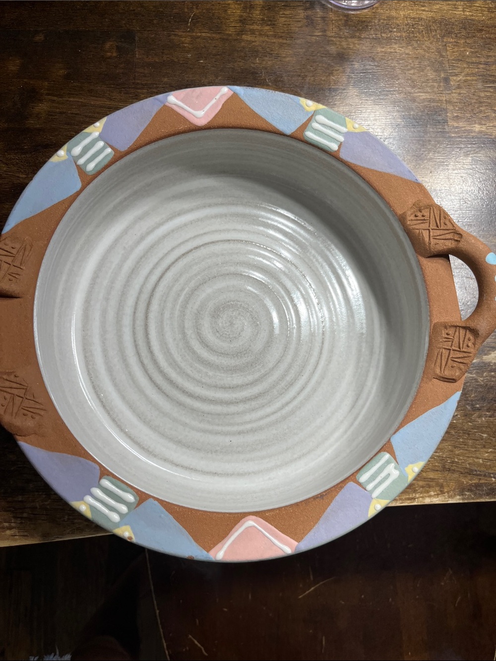 Handmade Dana McDaniel Terracotta Serving Bowl with Pastel Geometric Rim